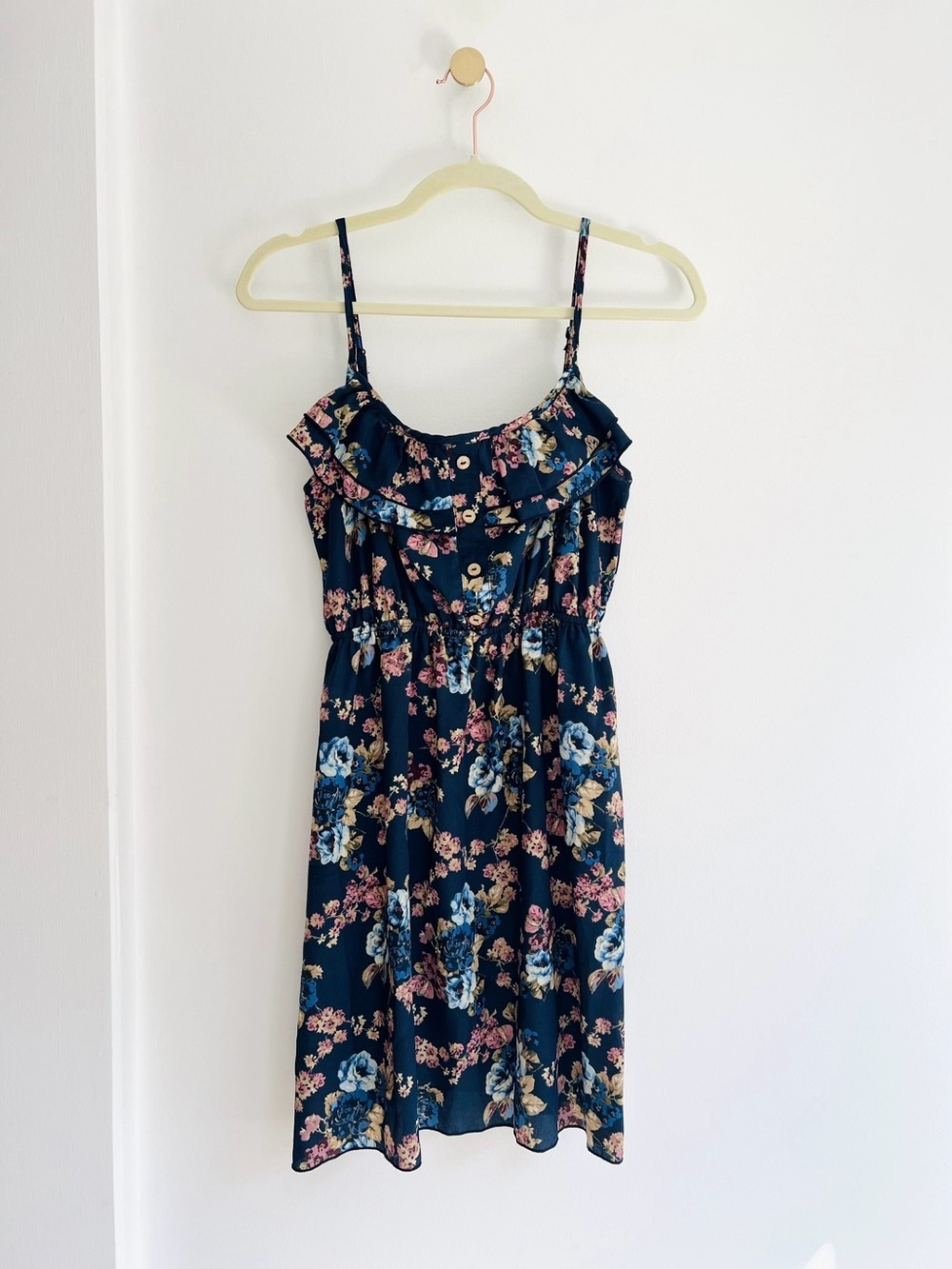 Blue Bird Navy Floral Ruffle Spaghetti Strap Mini Dress | Women’s Small